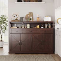 51" Dark Brown Buffet Sideboard Cabinet, Farmhouse Storage Cabinet Kitchen Pantry with Shelf and Drawers, Wood Cupboard Hutch Cabinet, Coffee Bar Stat