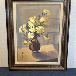 Stunning c1970s Floral Still Life Oil Painting Yellow Flowers by Hiroko Yagura