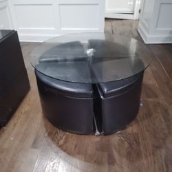 Glass Top Hydraulic Lift Table With 4 Leather Storage  Ottoman Stools