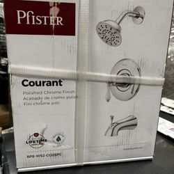 Pfister Courant Tub & Shower Trim Kit, Valve and Cartridge Included, White Ceramic Lever Handle, Polished Chrome