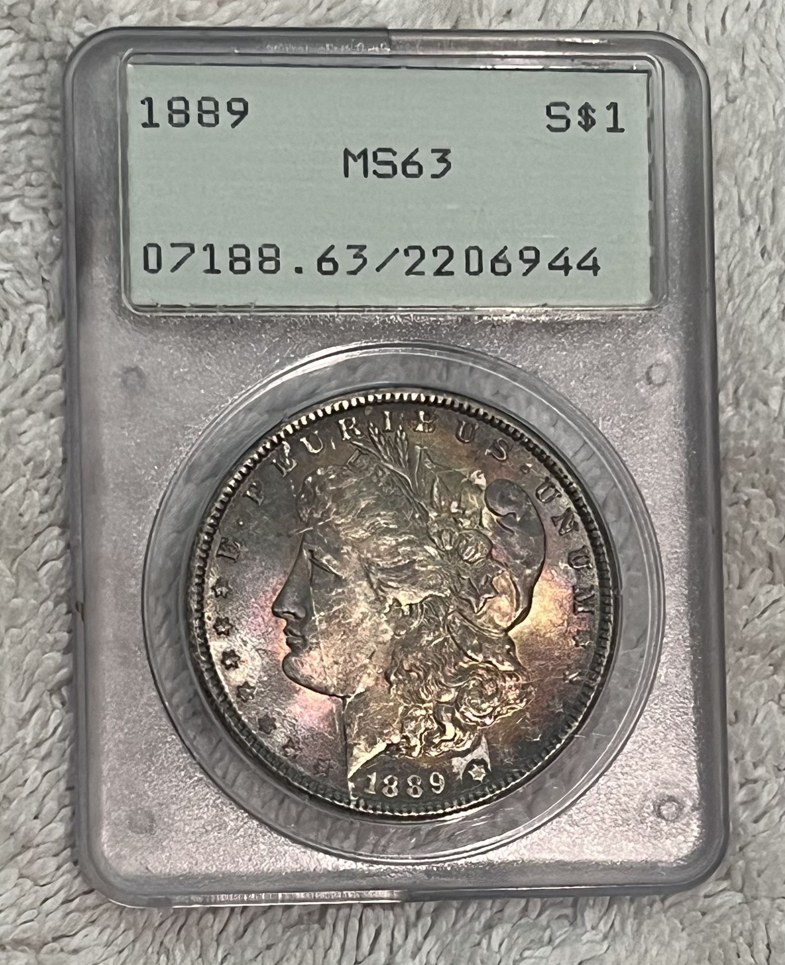 1889 MORGAN SILVER DOLLAR GRADED  PCGS MS63 RAINBOW COLORED TONING ON OBVERSE & REVERSE 