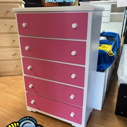 White / Pink 5 Drawer Chest Double Knob Mueble Blanco Y Rosa 