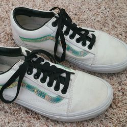 *FREE* Women's Size 8 Custom White VANS with Iridescent Blue Stripe And Leather Lining