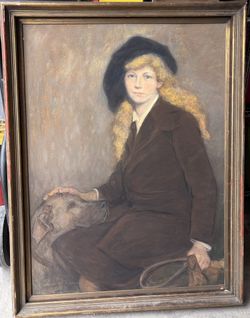 Portrait of a charming red-haired girl in a black beret with a large dog. Signed Virginia Keep Clark is an American portrait painter from 1, k
