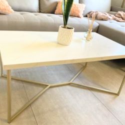 Mid Century Modern Coffee Table in White Faux Marble & Gold - New