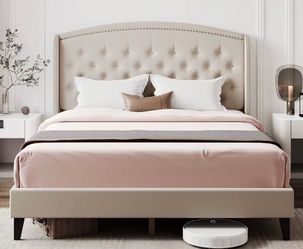 Beige Upholstered Platform Bed Frame with Tufted Headboard Queen size