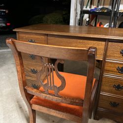 Vintage 1940’s Kids desk and chair dark wood with orange velvet seat 43” wide x 31” tall x 21” deep 