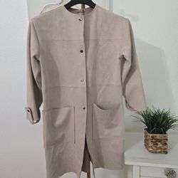 Zara Soft Faux Suede Duster Collar less Jacket Size Small Color Beige/ Gold