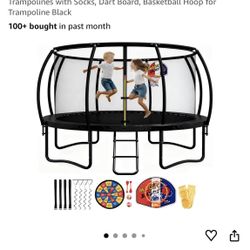 Trampoline  14FT with Enclosure and Ladder, ASTM Approved Recreational Trampolines for Kid and Adult, Outdoor Trampolines with Socks, Dart Bo