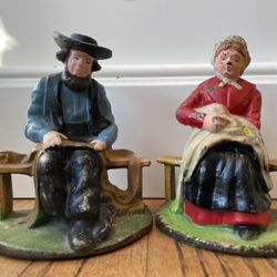 Vintage Amish Husband and Wife Bookends Cast Iron Painted 5"Door Stop/Book End. Condition is pre owned and show expected signs of wear from age as the