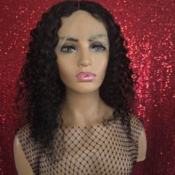 16"curly Human Hair Wig. Lace Front New  Natural Black