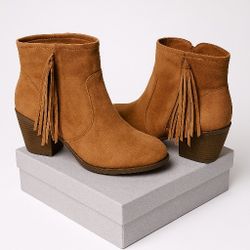 Mossimo Women's Fringe Ankle cowgirl suede Boots Booties Side Zipper Brown Size 10