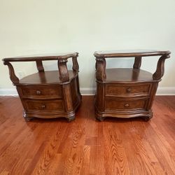 Two Elegant Wooden End Tables with Glass Inlays