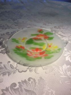 Vintage Reverse Hand Painted Double Handled Satin Glass Plate/Server