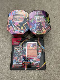 mega moonlit tin & mega charizard Y tin & chaos rising 3 pack blister bundle