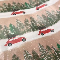 Vintage Volkswagen Christmas Wrapping Paper Vw Car Forest Trees Bug Art