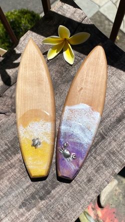 Two Handmade Hardwood with Ocean Resin Overlay Surfboard Bottle Openers with Sea Turtle and Crab
