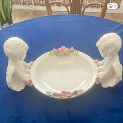 Vintage Ceramic Cherub and Rose Decorative Bowl  Centerpiece
