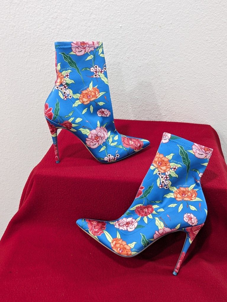 ALDO Blue Satin Floral Ankle Boots for Women Size 9