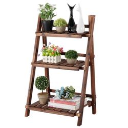 3-Tier Fir Wood and Metal Floral Plant Stand Ladder Plant Display, Brown