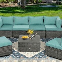 7-Piece Outdoor Patio Furniture Set, Rattan Sectional Sofa Set with Tempered Glass Coffee Table and Cushions for Garden, Deck, Backyard