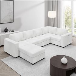 127" White Modular U-Shaped Sofa with Ottoman - Convertible Layout, High-Density Foam & Solid Wood Frame