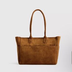 Quince Italian Suede Shopper Tote Bag Whiskey Tan 10.2x13x6.5 Inches