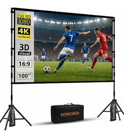TOWOND Projector Screen with Stand, 100 inch Outdoor Projector Screen Portable Indoor Projection Screen 16:9 4K Rear Front Movie Screen with Carry Bag
