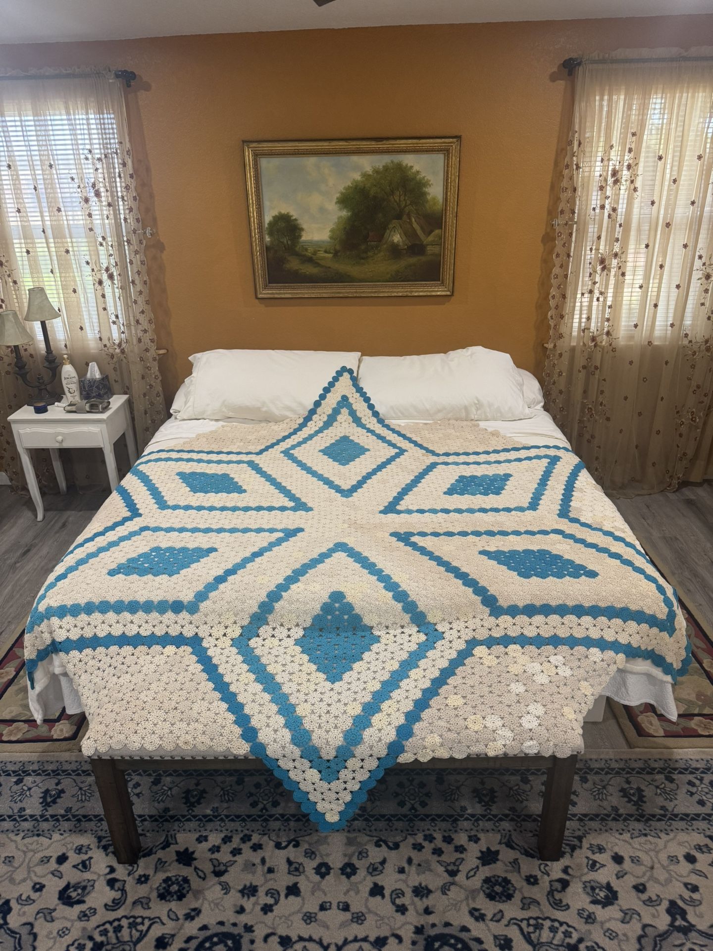Vintage Star Crochet Afghan Bed Couch Throw Blanket Turquoise Blue White Cream My grandmother, born in 1905, made this for my dad in the 60’s. I