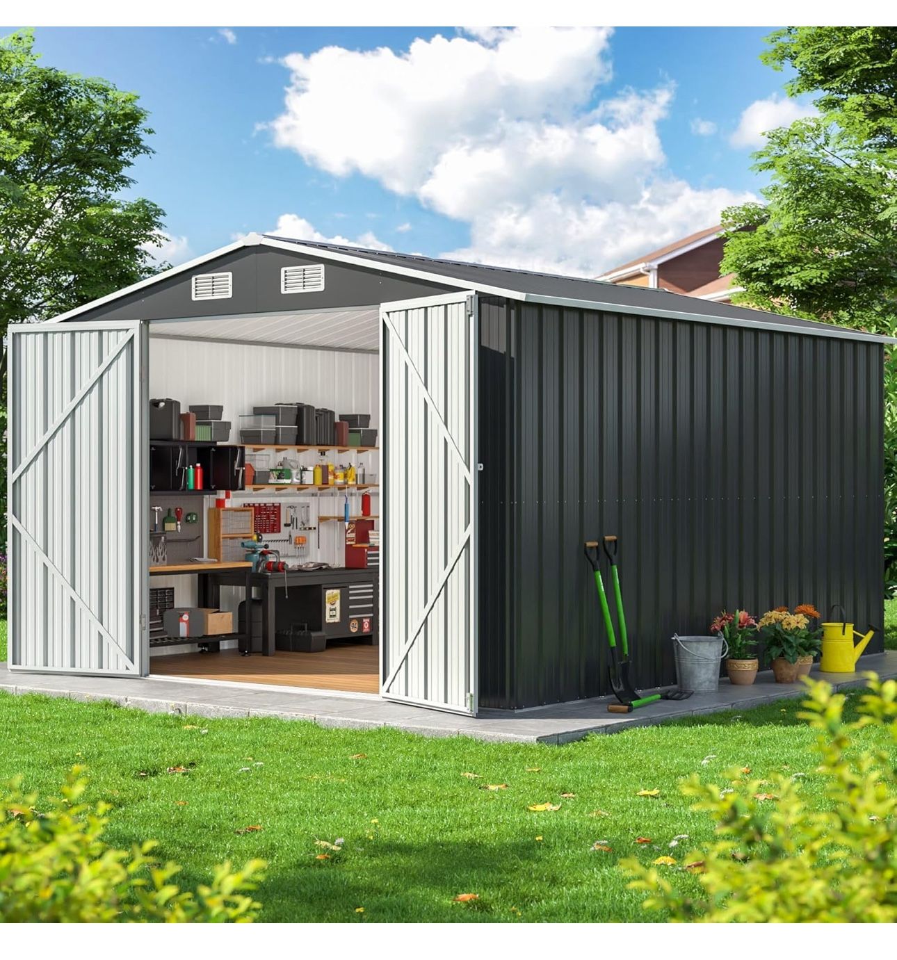 New-10x12 FT Outdoor Storage Shed, Metal Garden Tool Shed with Updated Frame Structure and Lockable Doors, Ideal for Backyard Garden Patio Lawn, Grey