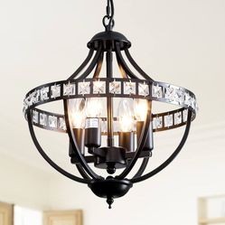 Crystal Chandelier Light Fixtures, 4-Lights Farmhouse Rustic Vintage Black Pendant Hanging Lighting Ceiling Chandeliers for Kitchen Island Dining Room