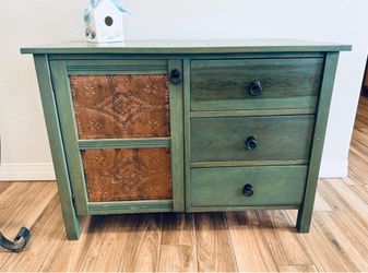 Gorgeous shabby chic farmhouse credenza buffet or dresser with copper punched tin panels