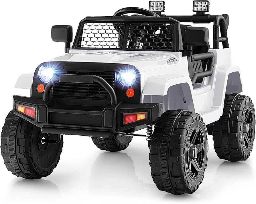 12V Remote Control Ride-On Truck with Spring Suspension, Headlights, Music, Mesh Windshield, Electric Cars for Kids, Gift for Boys and Girls Ages 3+ (