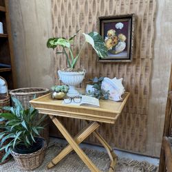 Vintage Rattan Bamboo Fold Up Tray Valet MCM Woven Side Lamp Stand Table TV Tea Bed Boho Portable 