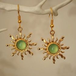 Green sunflower long pendant earrings