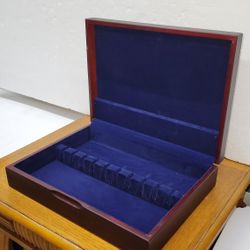 Vintage Elegant Dark Cherry Finish Silverware/Flatware Storage Box/Chest, w/Navy Blue Lining
