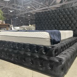 Queen Size Bed - Contemporary Velvet Tufted Step Up Bed