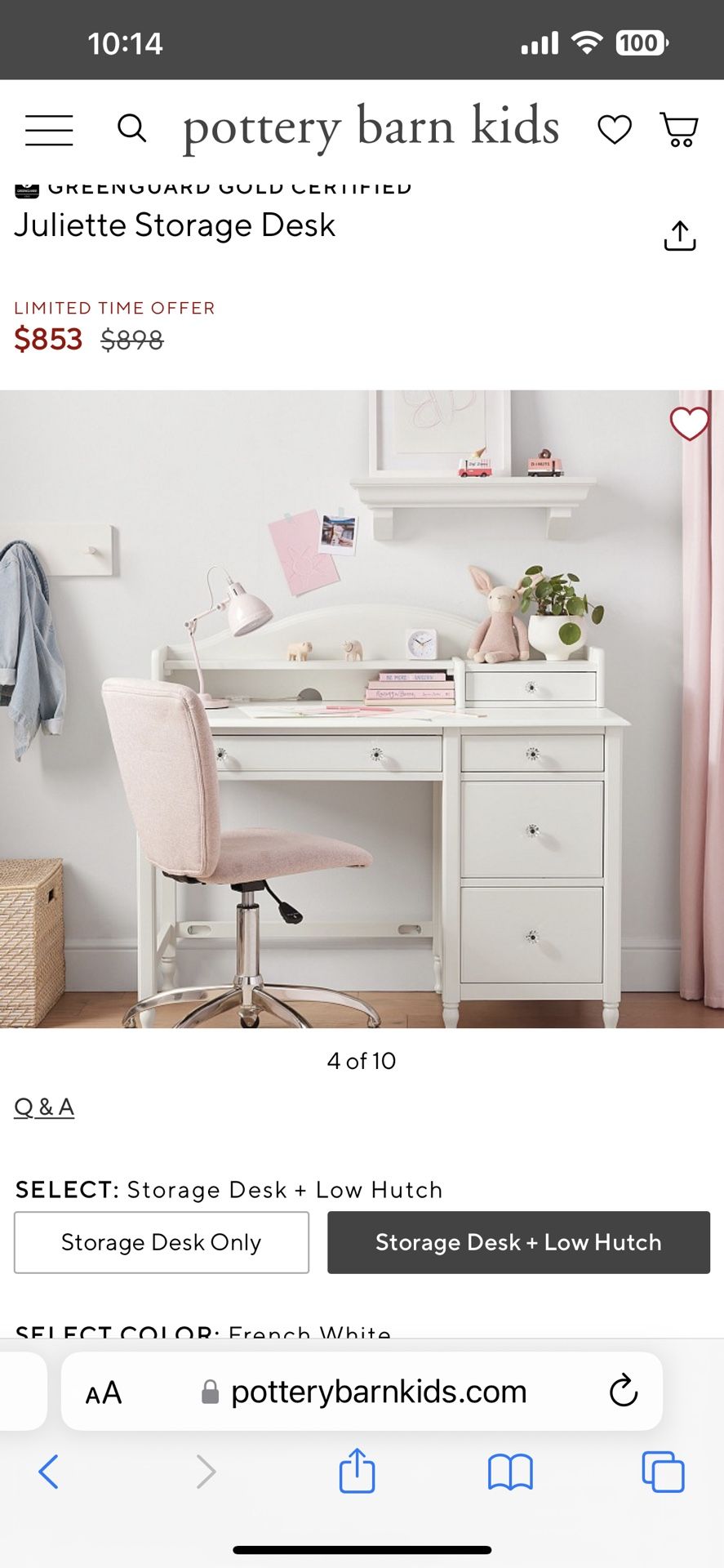 Desk Pottery barn “Juliette Storage Desk” with low Hutch.