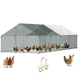 580*Metal Chicken Coop, 9.8x26.2x6.5 ft Large Walk-in Chicken Runs with Cover, Spire Roof Hen House Enclosure with Security Lock, Outdoor Duck Rabbit 