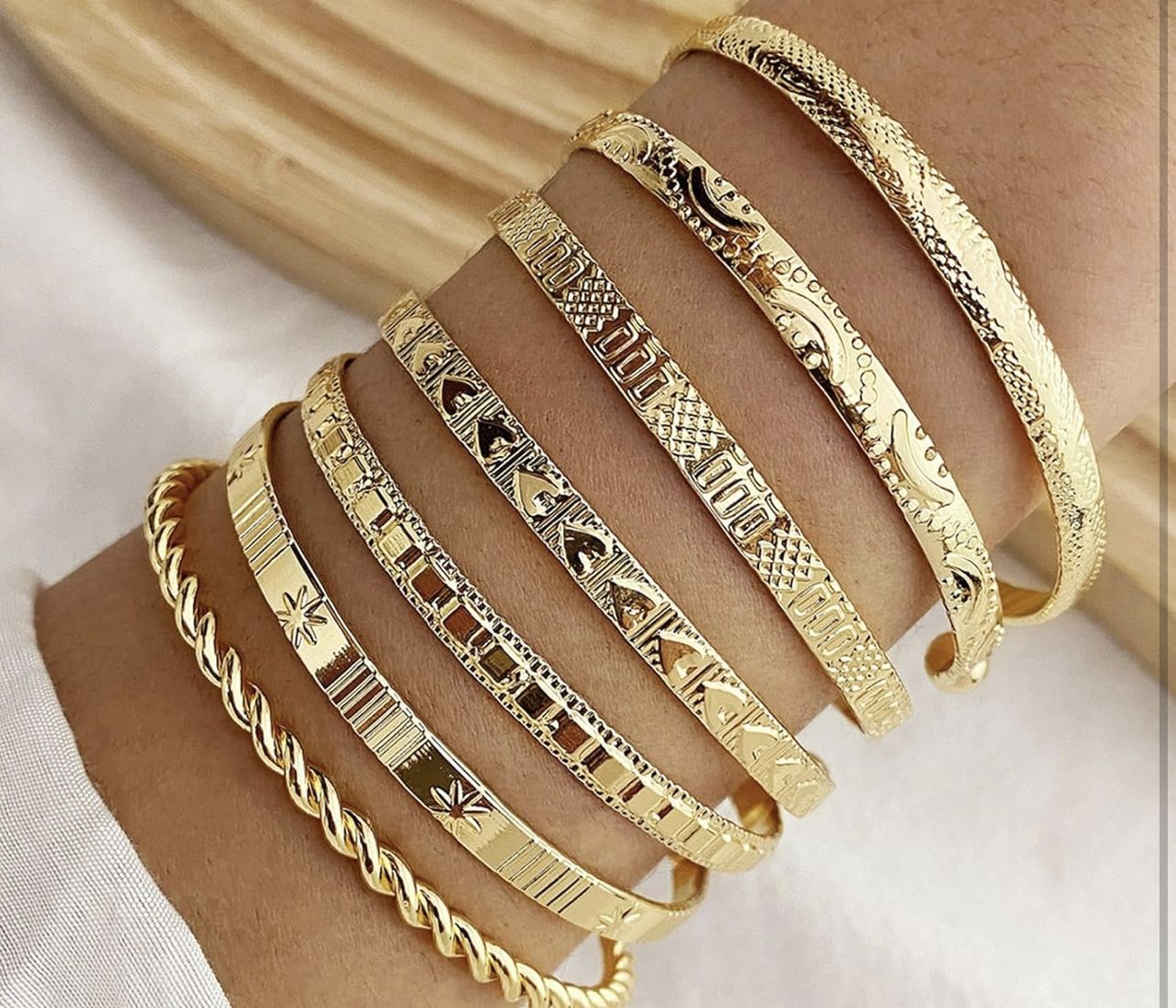 Gold Bangle Bracelets For Women, 14k Gold Plated Multi Layer Stackable Cuff Bracelet Set, Trendy Elegance Charms Non Tarnish Minimalist Textured Boho 