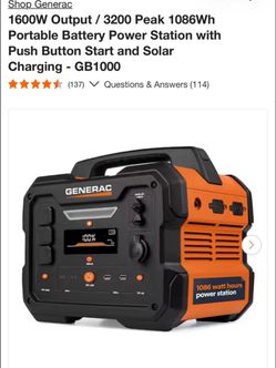 Generac 1600W Output / 3200 Peak 1086Wh Portable Battery Power Station with Push Button Start and Solar Charging - GB1000 like new