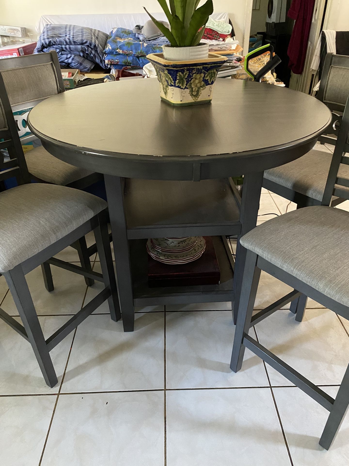Gray Wooden Table W/4 Chairs