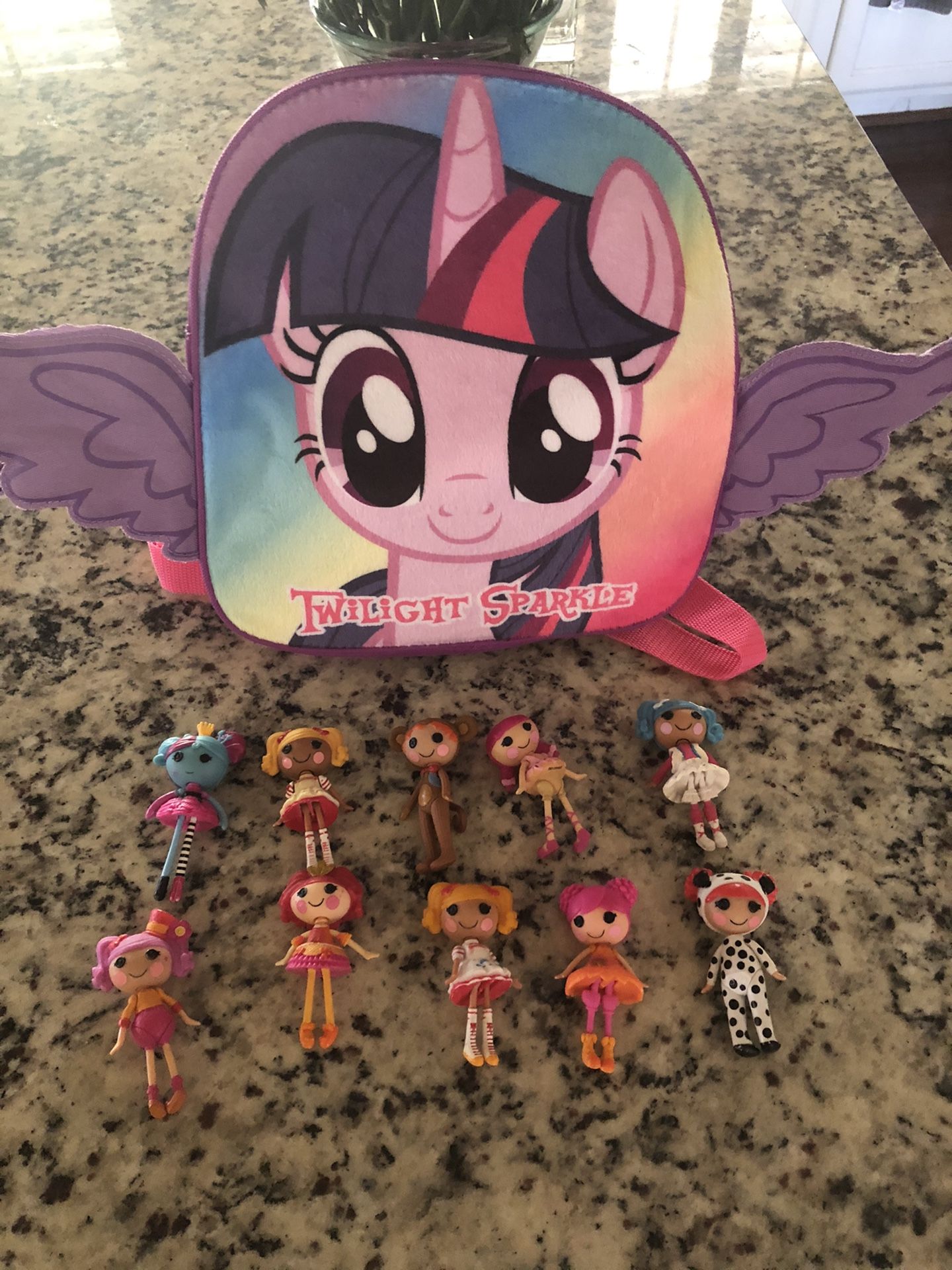 My Little Pony back pack and mini LaLa Loopsy figures/dolls bundle