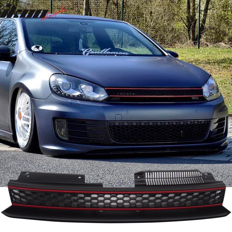 Fits 2010-2014 VW Golf 6 MK6 GTI Style Front Bumper Upper Grille Black W/Red Trim