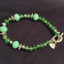 Handmade Green Glass Beaded Silver Toggled 9.5" Bracelet 