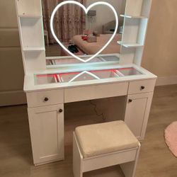 Vanity Desk With Mirror And Lights 43-Inch Vanity With Charging Station And Vanity Stool FCC Electrical Outlet, Adjustable brightness hear