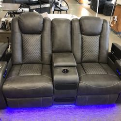 Power Reclining Loveseat With Bluetooth Speakers LED Lights, Storage Arms 