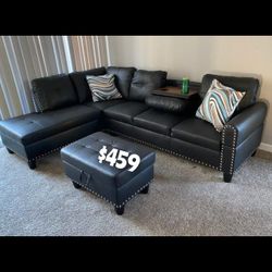 Fuax leather drop down table with cup holders sectional sofa with Ottoman - Black color  