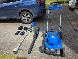 Kobalt 80V 21" Mower, 16" String Trimmer/Weed Whacker, 500 CFM Blower, plus 2 Batteries and Chargers