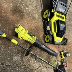 Ryobi 40 volt 20 inch Push Mower String Trimmer Blower Battery Charger Used 260